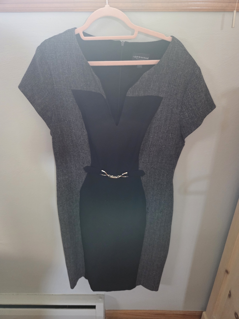 connected apparel Gray and Black Midi Sheath Dress with Gold Accent